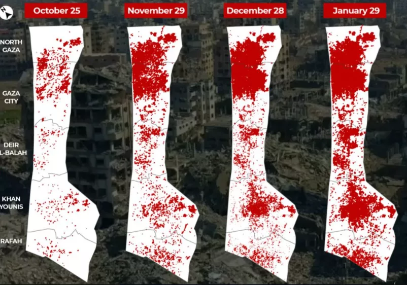 As marcas vermelhas indicam as estruturas destruídas. Foto-Telegram-RT.